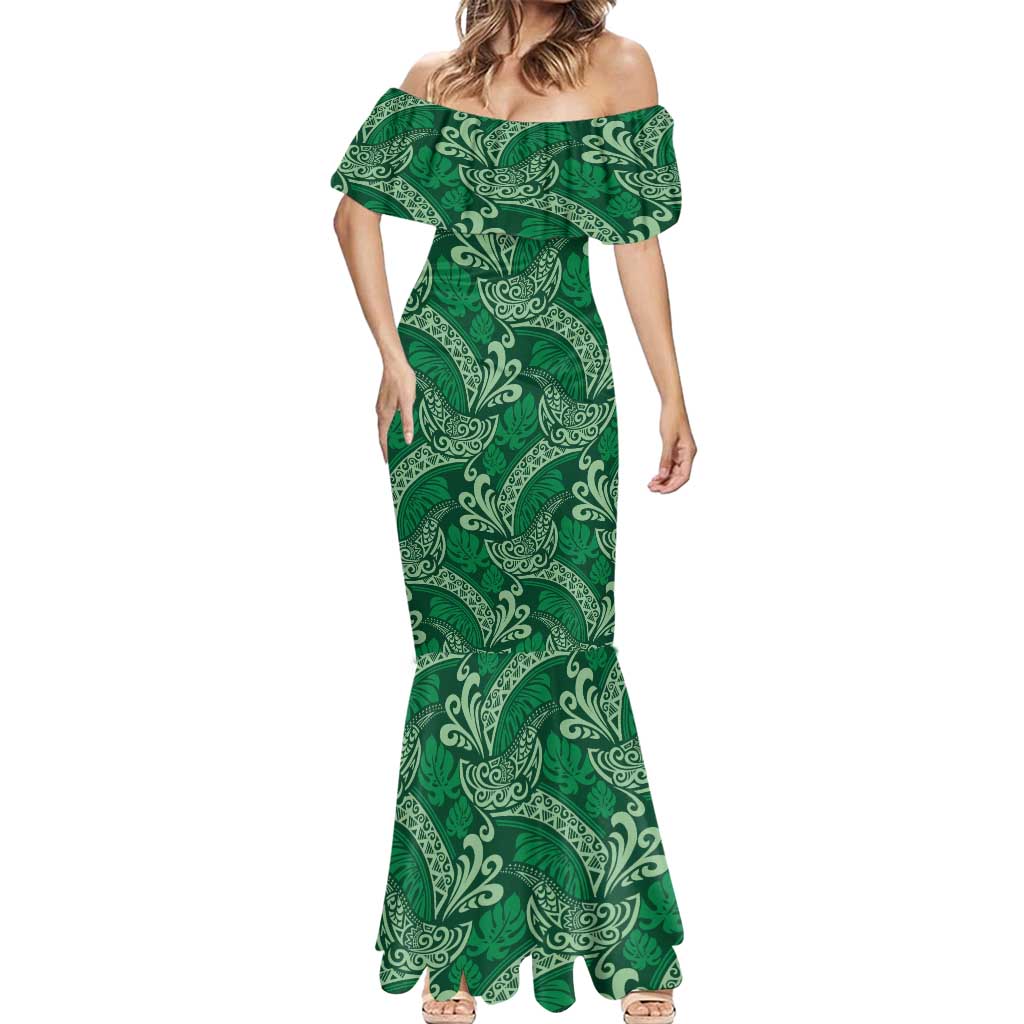 Forest Green Monstera Mermaid Dress Polynesian Tribal Pattern - Polynesian Pride
