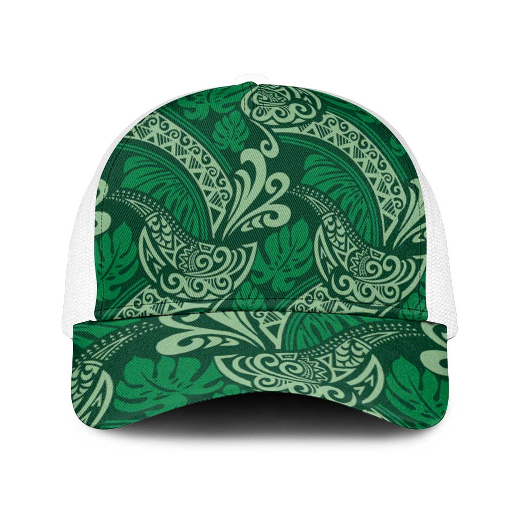 Forest Green Monstera Mesh Trucker Cap Polynesian Tribal Pattern - Polynesian Pride