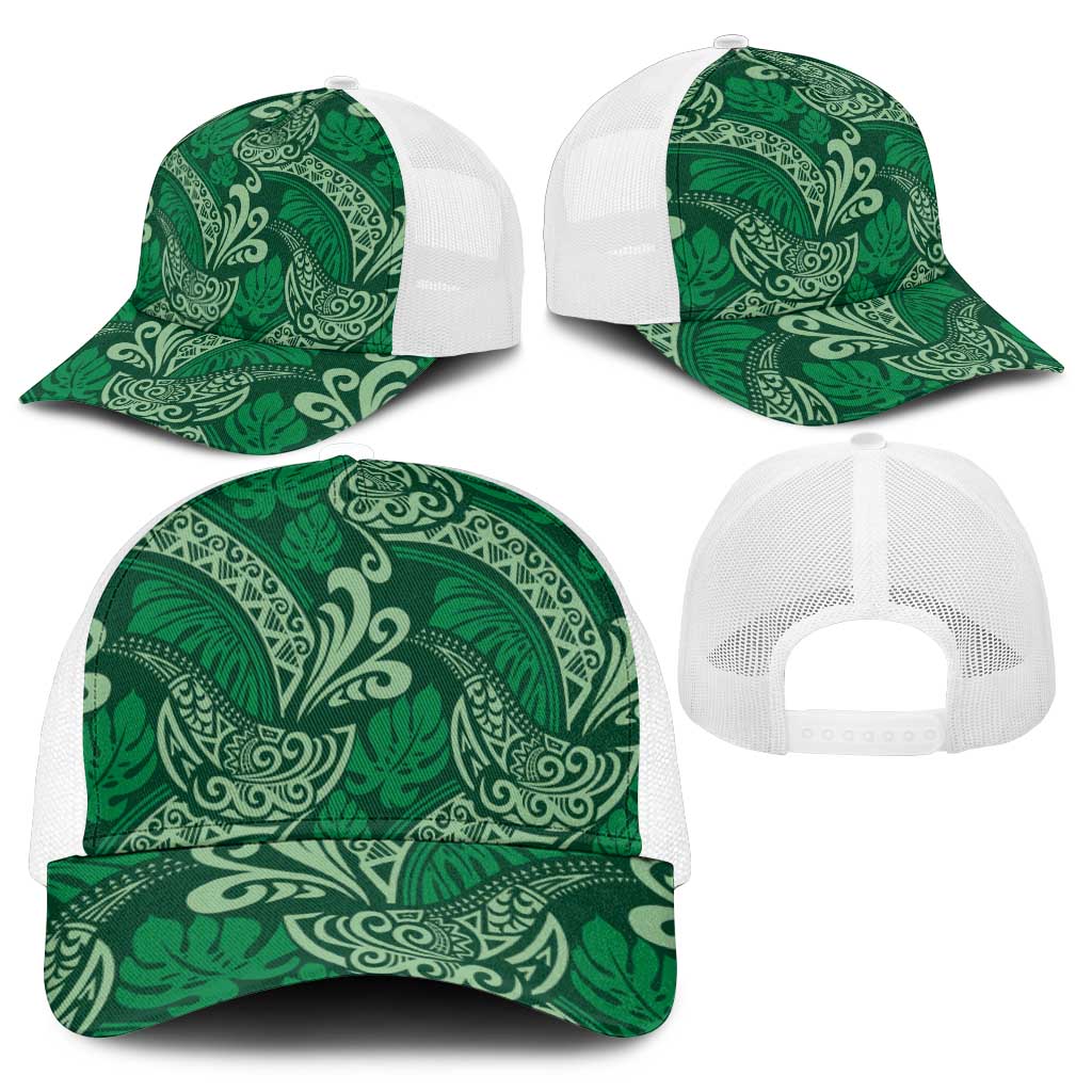 Forest Green Monstera Mesh Trucker Cap Polynesian Tribal Pattern - Polynesian Pride