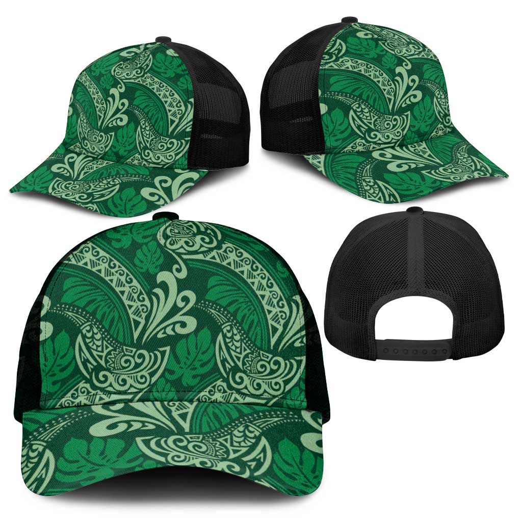 Forest Green Monstera Mesh Trucker Cap Polynesian Tribal Pattern - Polynesian Pride