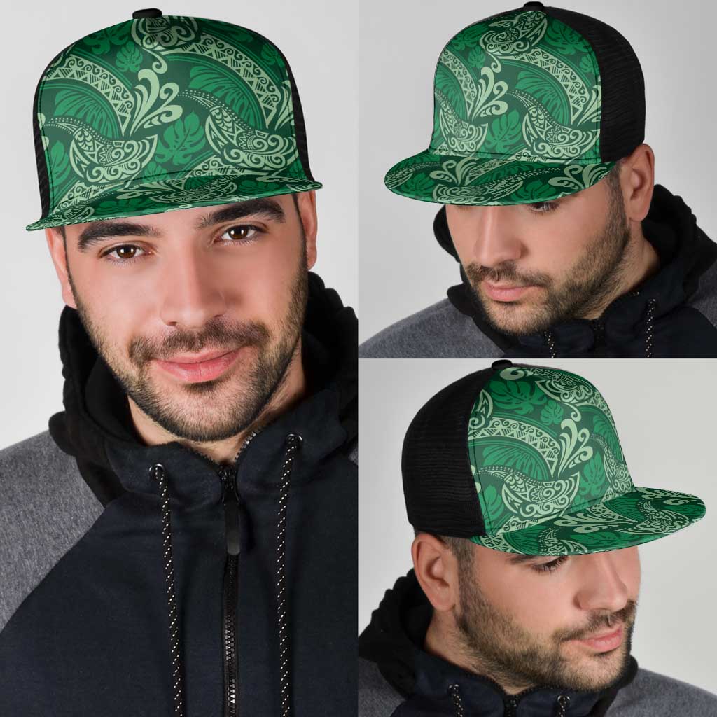 Forest Green Monstera Mesh Trucker Cap Polynesian Tribal Pattern - Polynesian Pride
