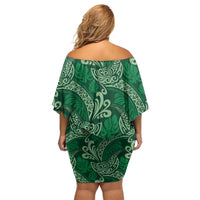 Forest Green Monstera Off Shoulder Short Dress Polynesian Tribal Pattern - Polynesian Pride