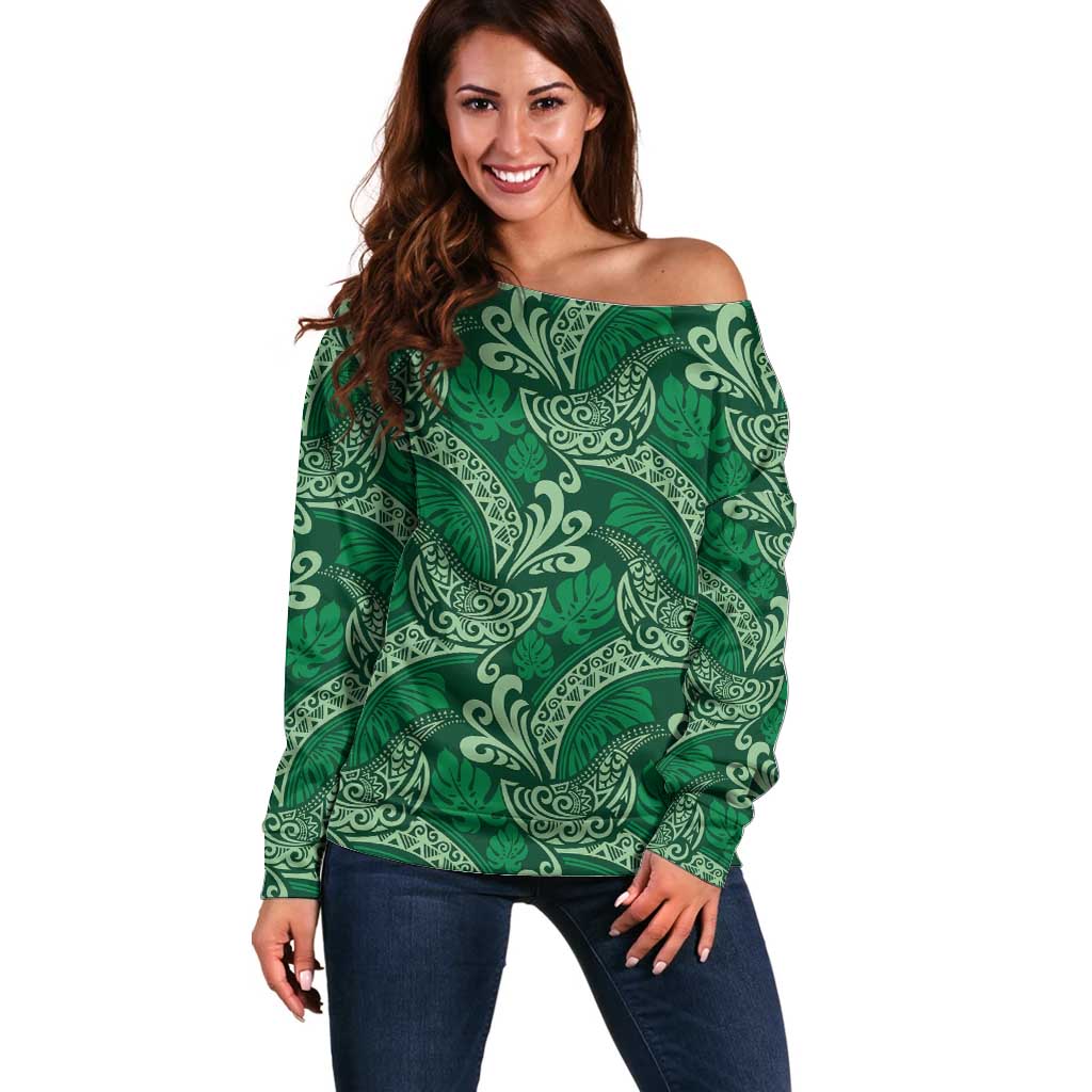 Forest Green Monstera Off Shoulder Sweater Polynesian Tribal Pattern - Polynesian Pride