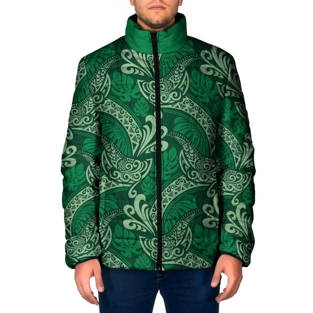 Forest Green Monstera Padded Jacket Polynesian Tribal Pattern - Polynesian Pride