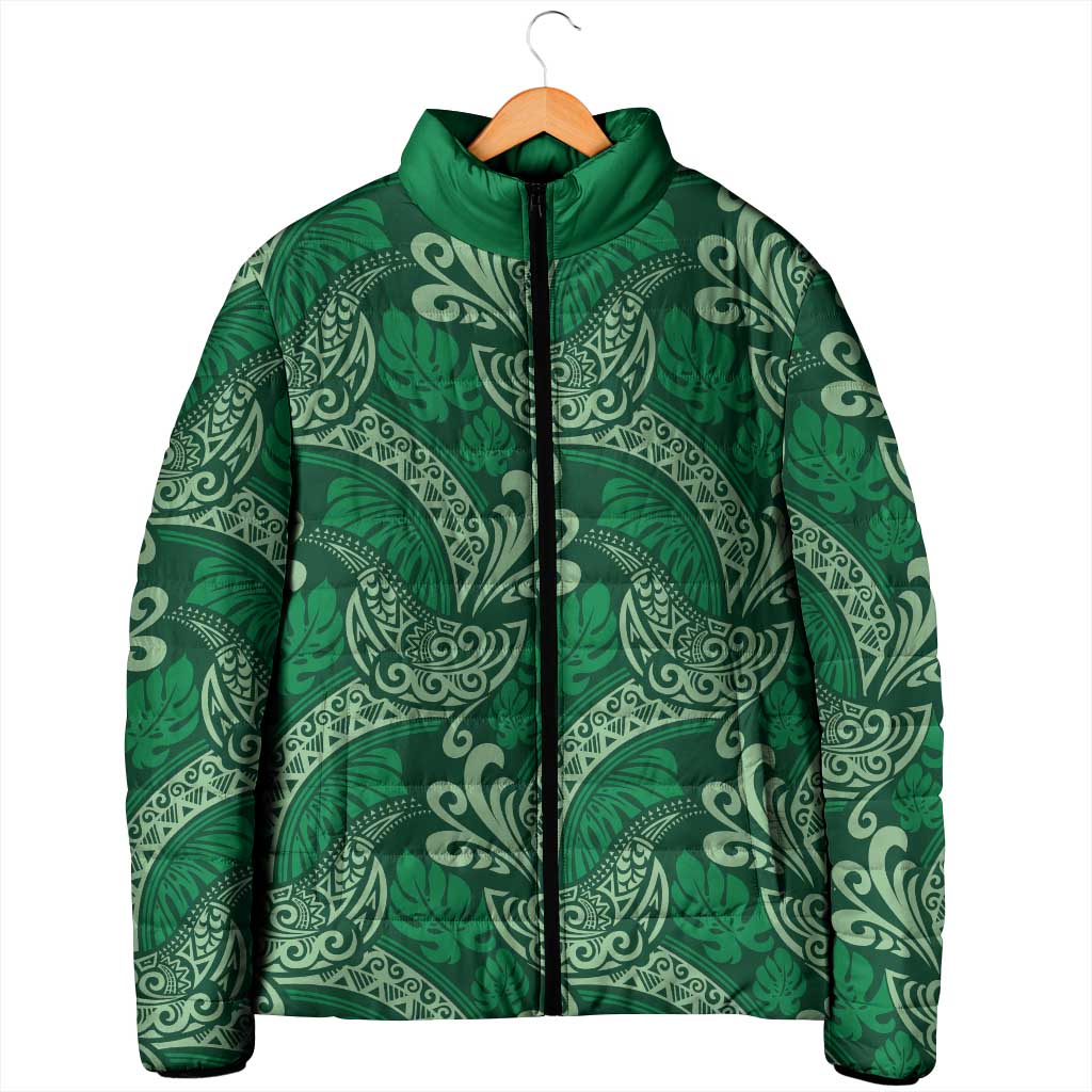 Forest Green Monstera Padded Jacket Polynesian Tribal Pattern - Polynesian Pride