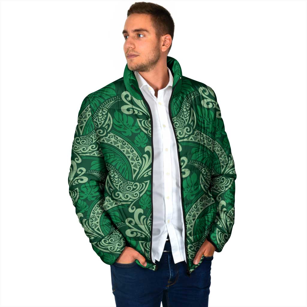 Forest Green Monstera Padded Jacket Polynesian Tribal Pattern - Polynesian Pride