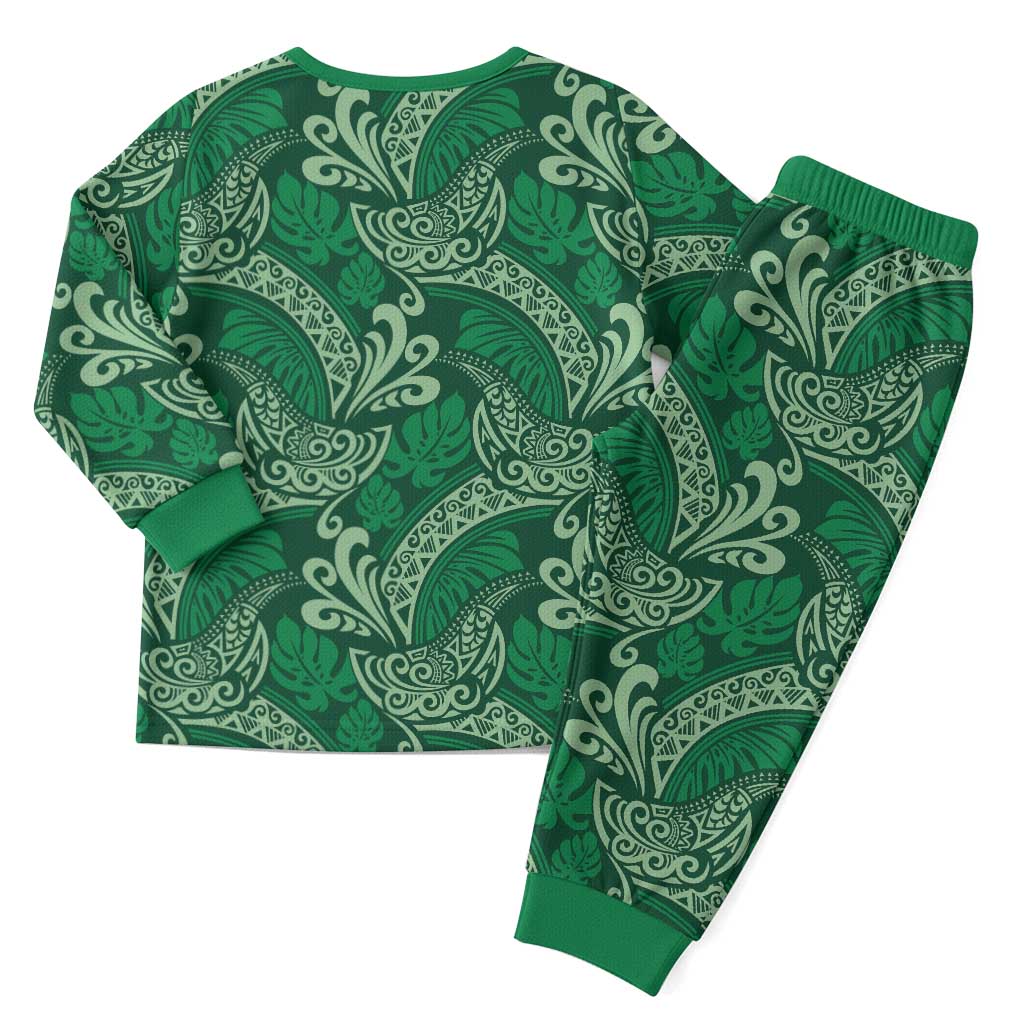 Forest Green Monstera Christmas Pajama Set Polynesian Tribal Pattern - Polynesian Pride
