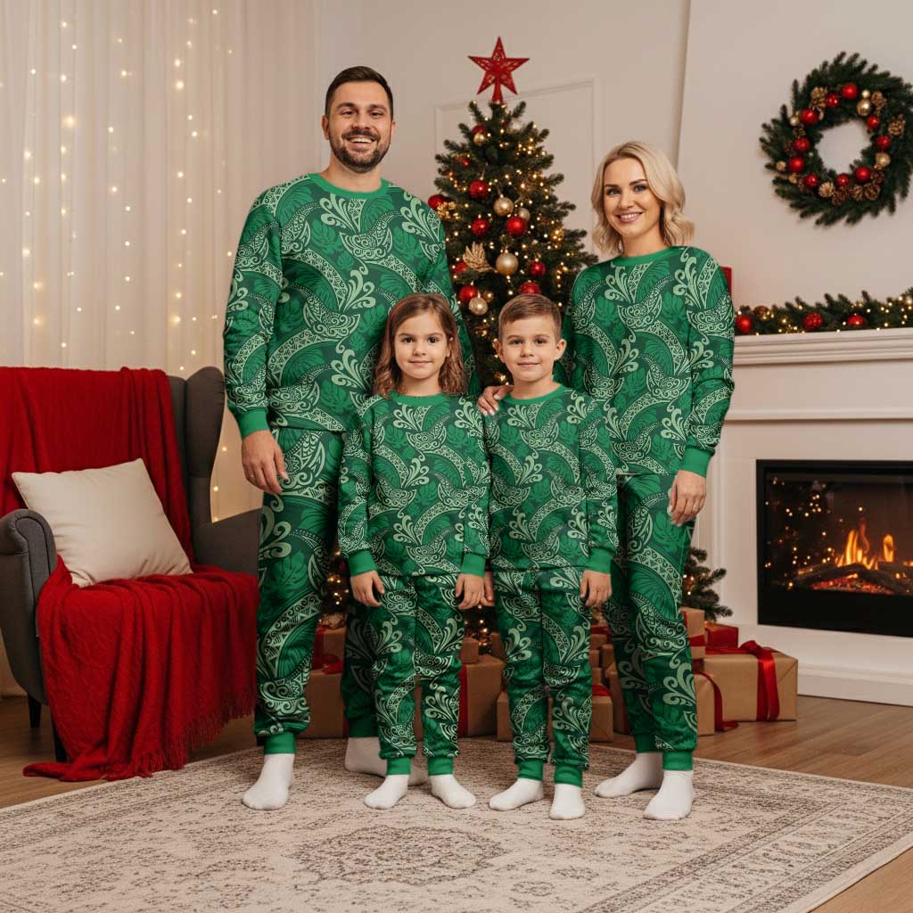 Forest Green Monstera Christmas Pajama Set Polynesian Tribal Pattern - Polynesian Pride