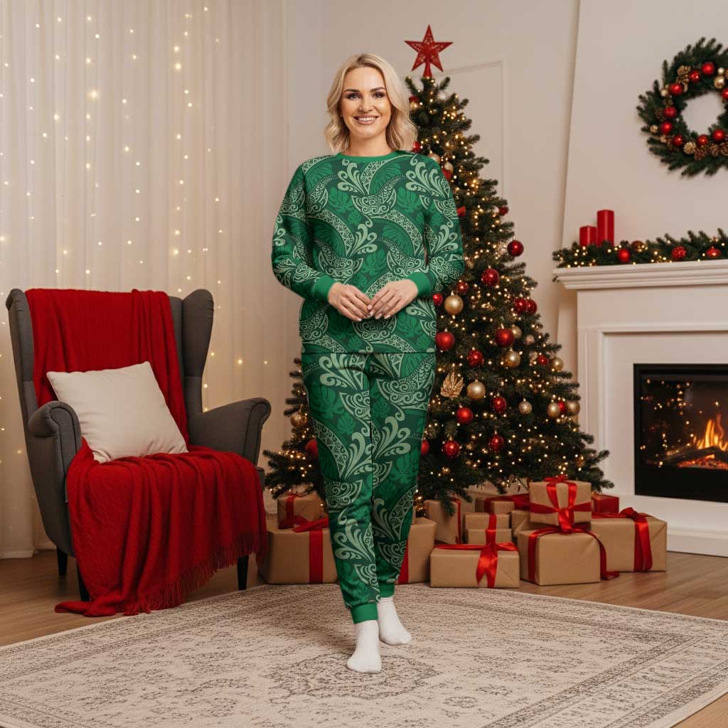 Forest Green Monstera Christmas Pajama Set Polynesian Tribal Pattern - Polynesian Pride