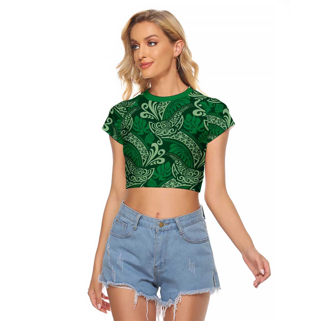 Forest Green Monstera Raglan Cropped T Shirt Polynesian Tribal Pattern - Polynesian Pride