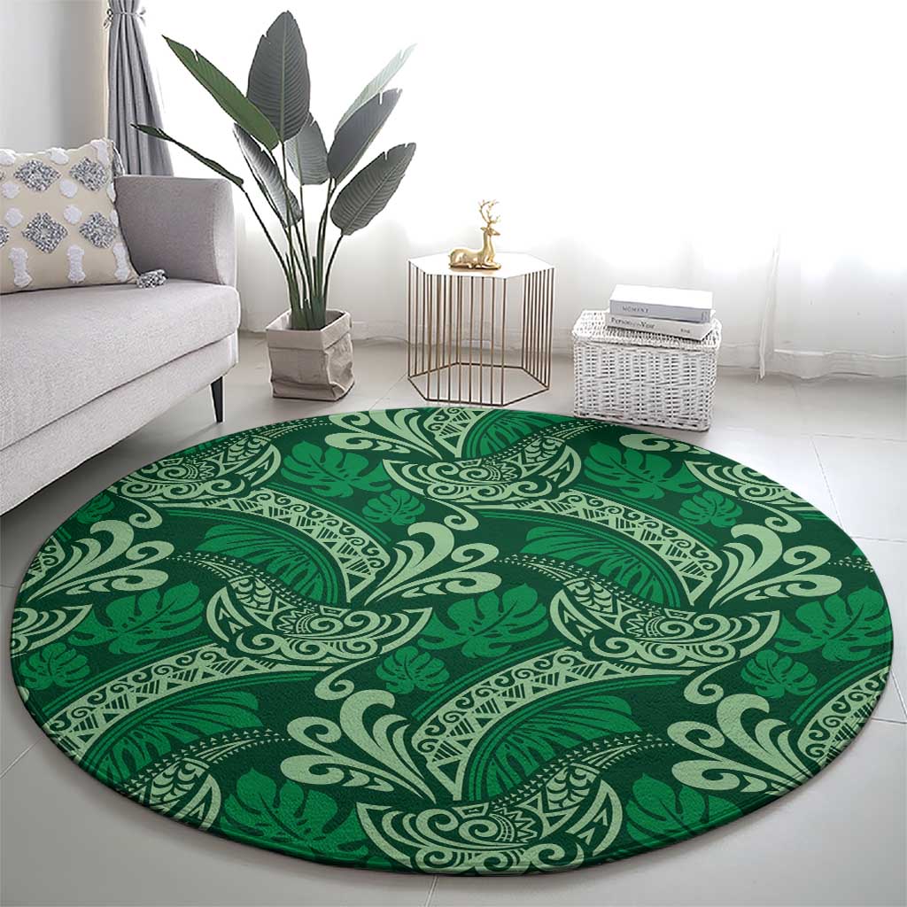 Forest Green Monstera Round Carpet Polynesian Tribal Pattern - Polynesian Pride