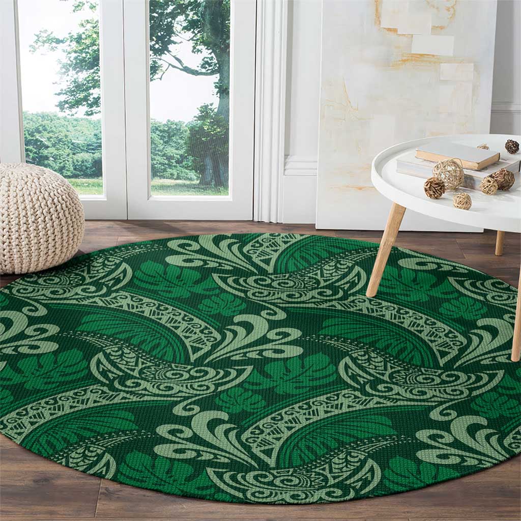Forest Green Monstera Round Carpet Polynesian Tribal Pattern - Polynesian Pride
