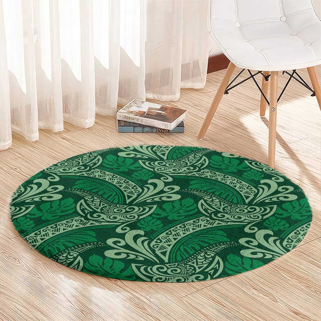 Forest Green Monstera Round Carpet Polynesian Tribal Pattern - Polynesian Pride