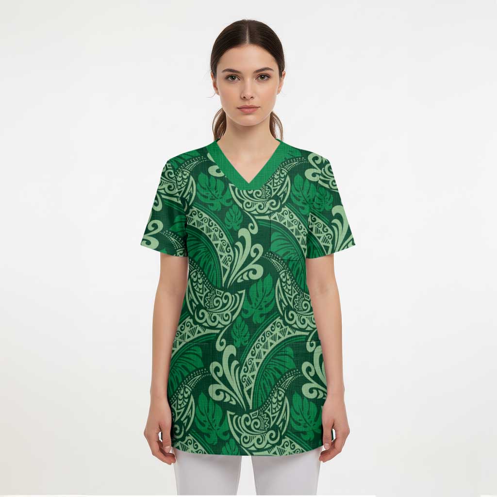 Forest Green Monstera Scrub Top Polynesian Tribal Pattern - Polynesian Pride