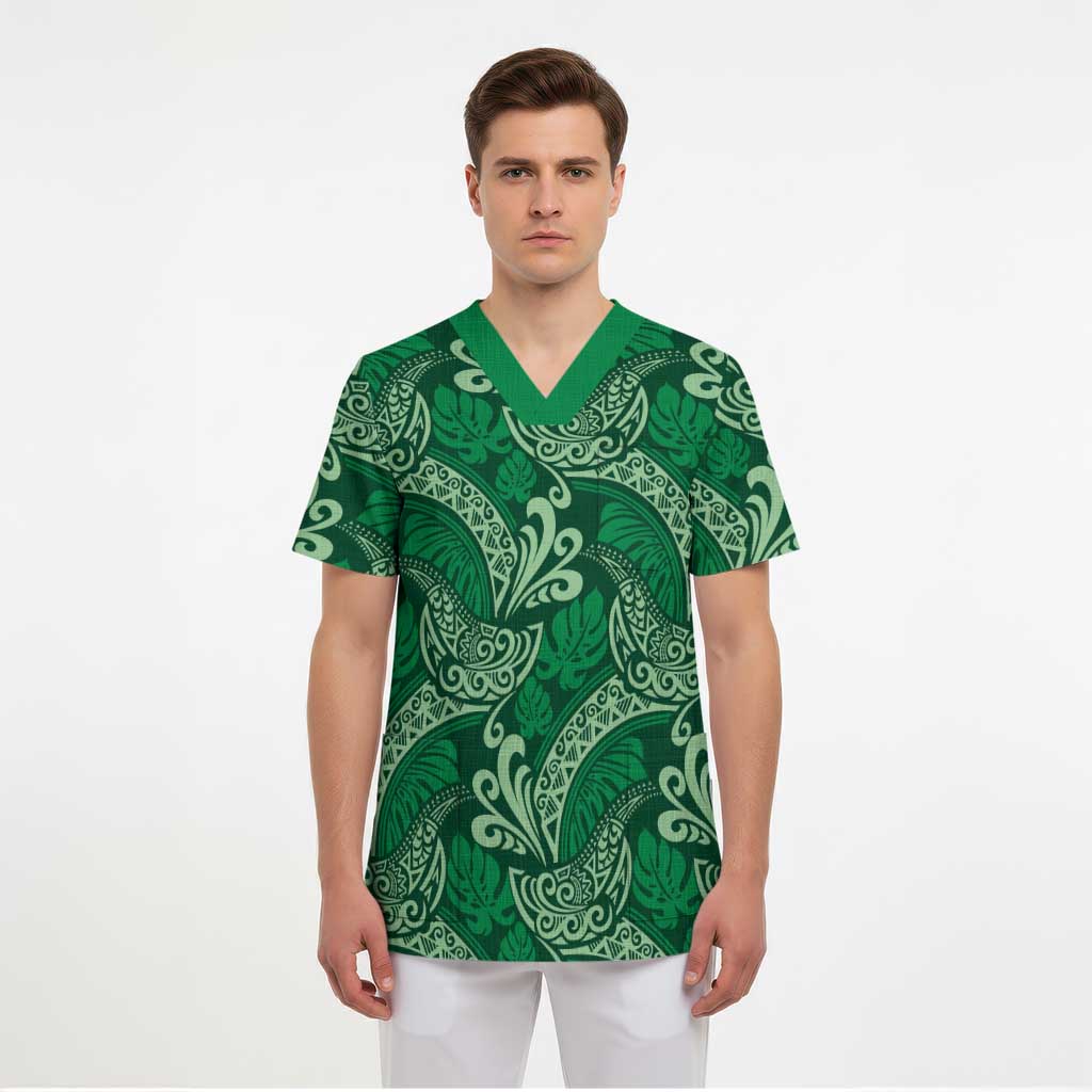Forest Green Monstera Scrub Top Polynesian Tribal Pattern - Polynesian Pride