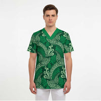 Forest Green Monstera Scrub Top Polynesian Tribal Pattern - Polynesian Pride