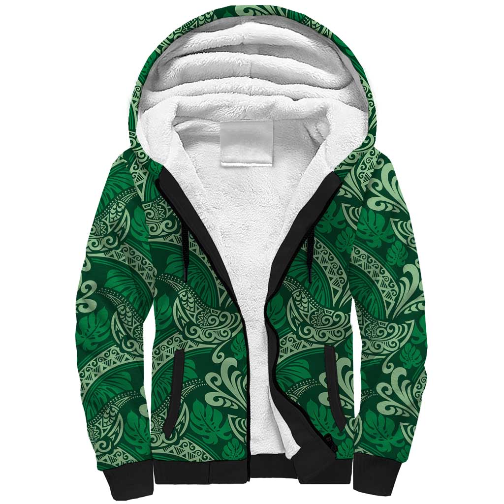 Forest Green Monstera Sherpa Hoodie Polynesian Tribal Pattern - Polynesian Pride