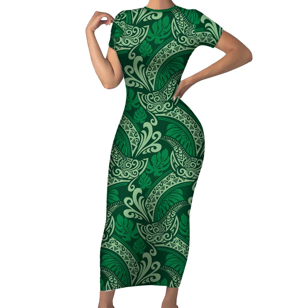 Forest Green Monstera Short Sleeve Bodycon Dress Polynesian Tribal Pattern - Polynesian Pride