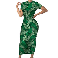 Forest Green Monstera Short Sleeve Bodycon Dress Polynesian Tribal Pattern - Polynesian Pride