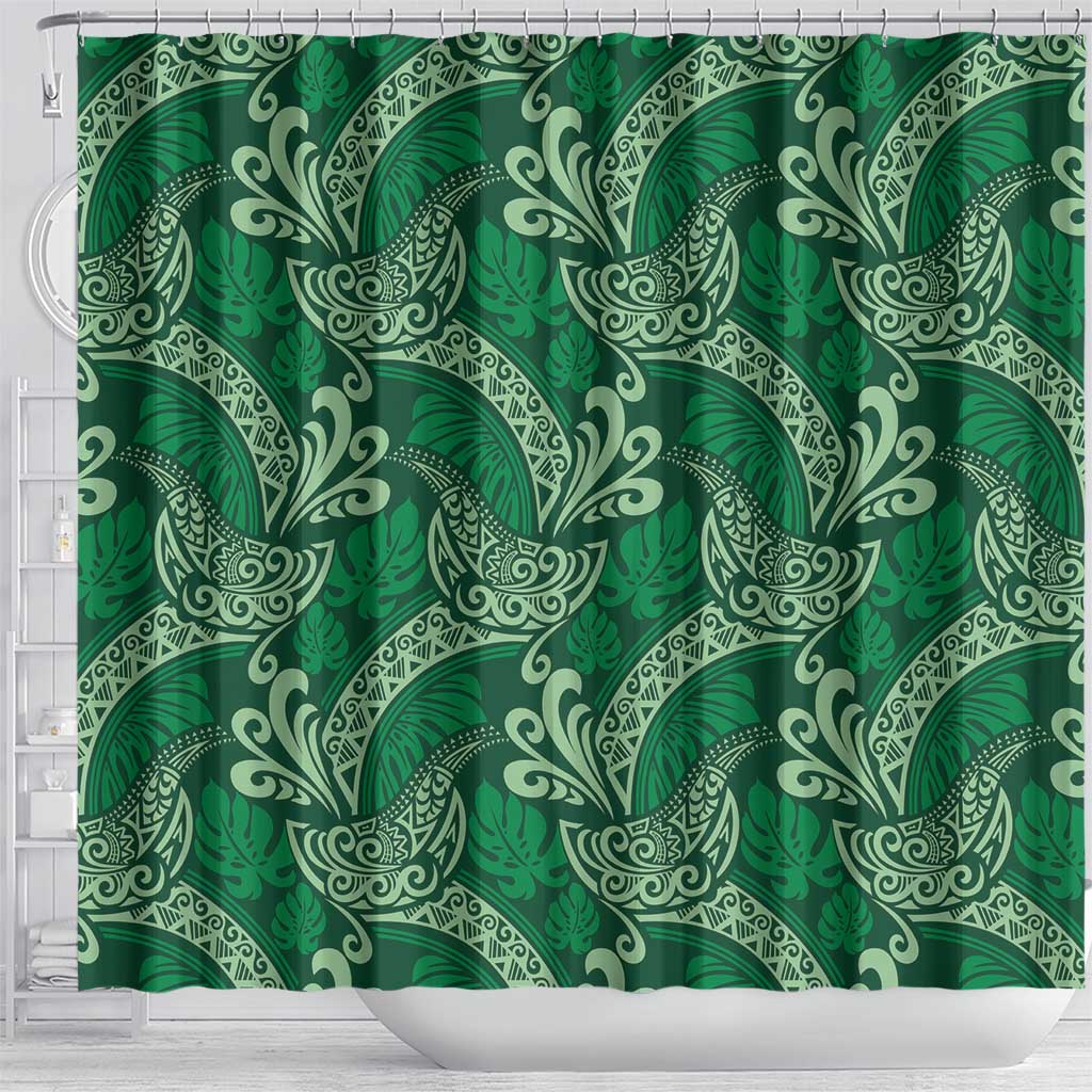 Forest Green Monstera Shower Curtain Polynesian Tribal Pattern - Polynesian Pride