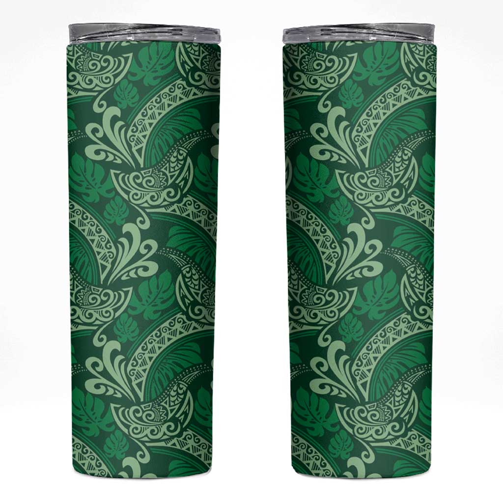 Forest Green Monstera Skinny Tumbler Polynesian Tribal Pattern - Polynesian Pride