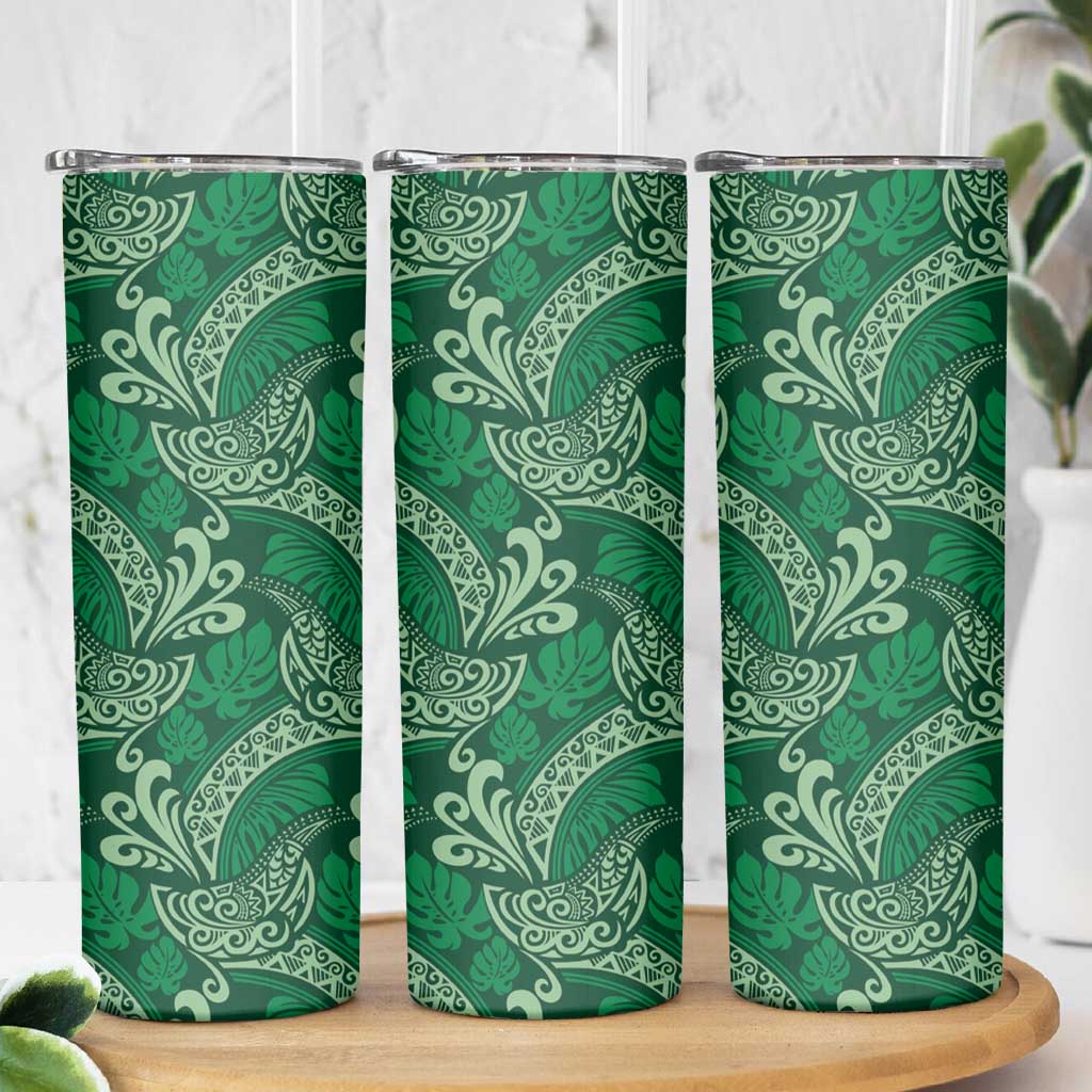 Forest Green Monstera Skinny Tumbler Polynesian Tribal Pattern - Polynesian Pride