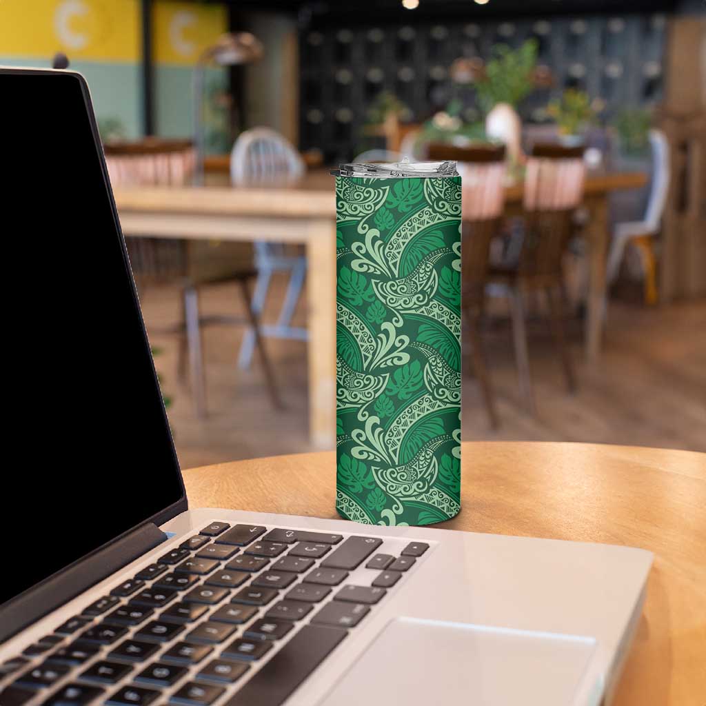 Forest Green Monstera Skinny Tumbler Polynesian Tribal Pattern - Polynesian Pride