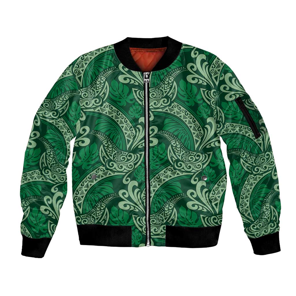 Forest Green Monstera Sleeve Zip Bomber Jacket Polynesian Tribal Pattern - Polynesian Pride