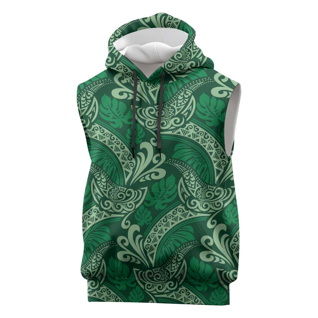 Forest Green Monstera Sleeveless Hoodie Polynesian Tribal Pattern - Polynesian Pride
