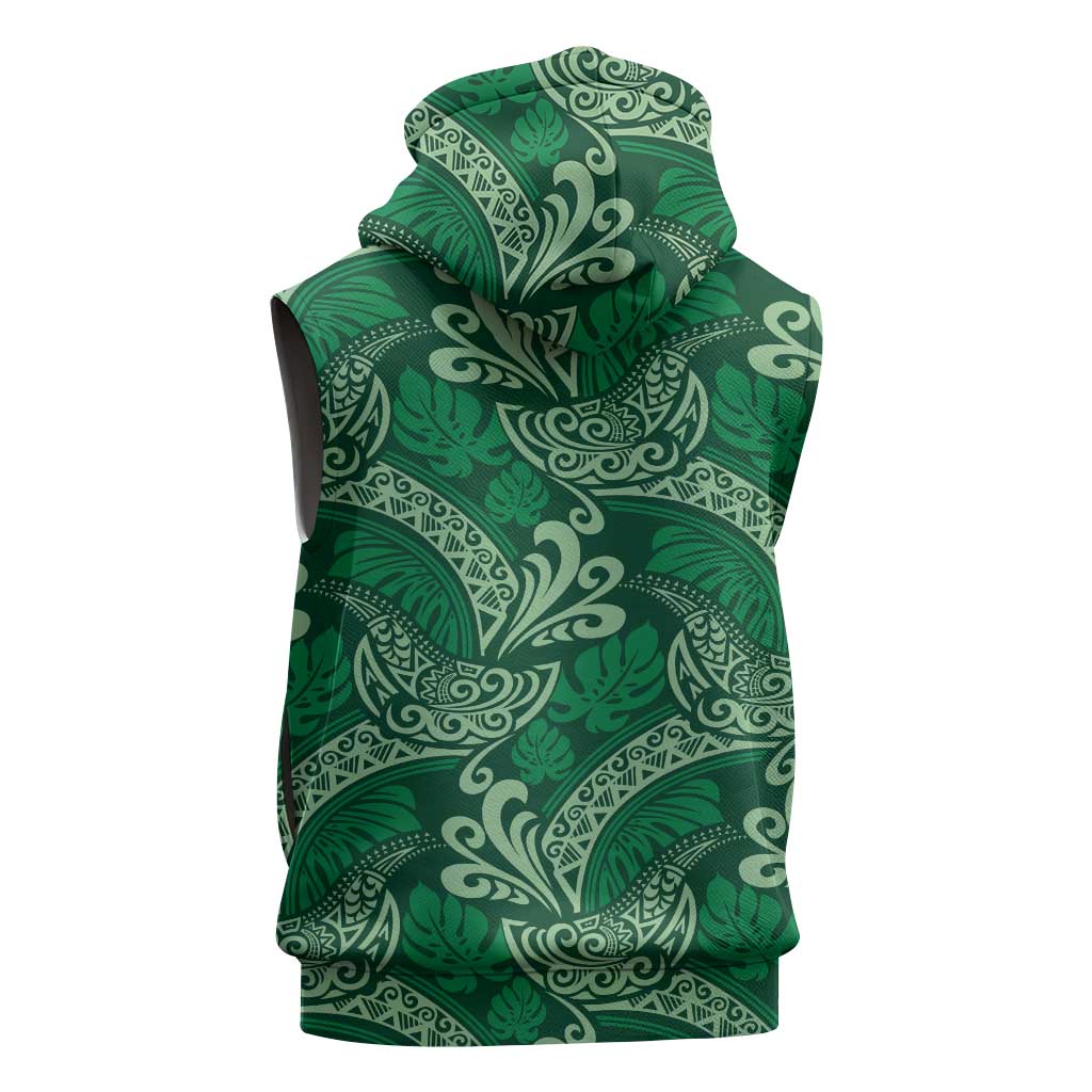 Forest Green Monstera Sleeveless Hoodie Polynesian Tribal Pattern - Polynesian Pride