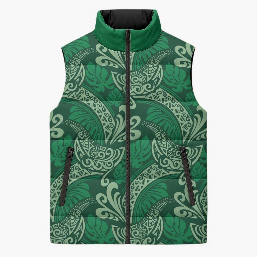 Forest Green Monstera Sleeveless Puffer Jacket Polynesian Tribal Pattern - Polynesian Pride