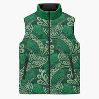 Forest Green Monstera Sleeveless Puffer Jacket Polynesian Tribal Pattern - Polynesian Pride