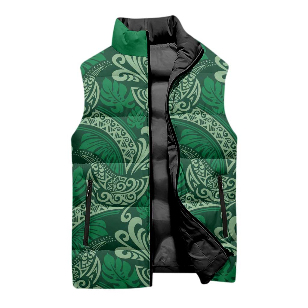 Forest Green Monstera Sleeveless Puffer Jacket Polynesian Tribal Pattern - Polynesian Pride