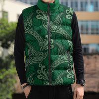 Forest Green Monstera Sleeveless Puffer Jacket Polynesian Tribal Pattern - Polynesian Pride