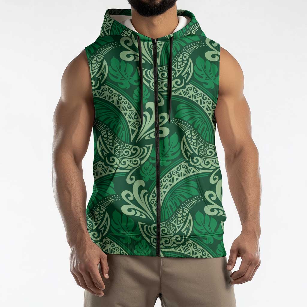 Forest Green Monstera Sleeveless Zip Hoodie Polynesian Tribal Pattern - Polynesian Pride