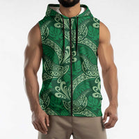 Forest Green Monstera Sleeveless Zip Hoodie Polynesian Tribal Pattern - Polynesian Pride
