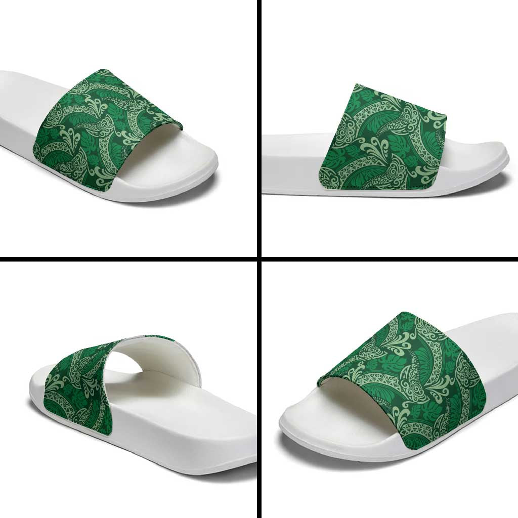 Forest Green Monstera Slide Sandals Polynesian Tribal Pattern - Polynesian Pride