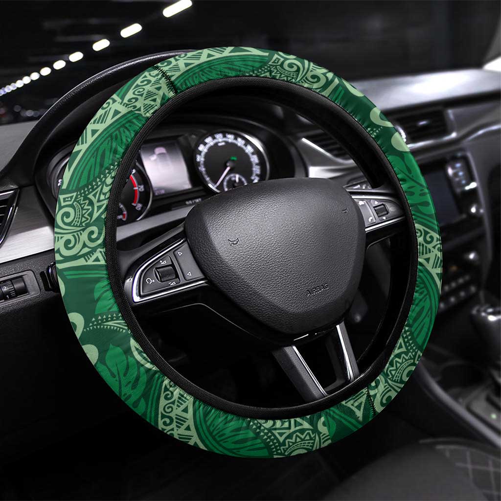 Forest Green Monstera Steering Wheel Cover Polynesian Tribal Pattern - Polynesian Pride