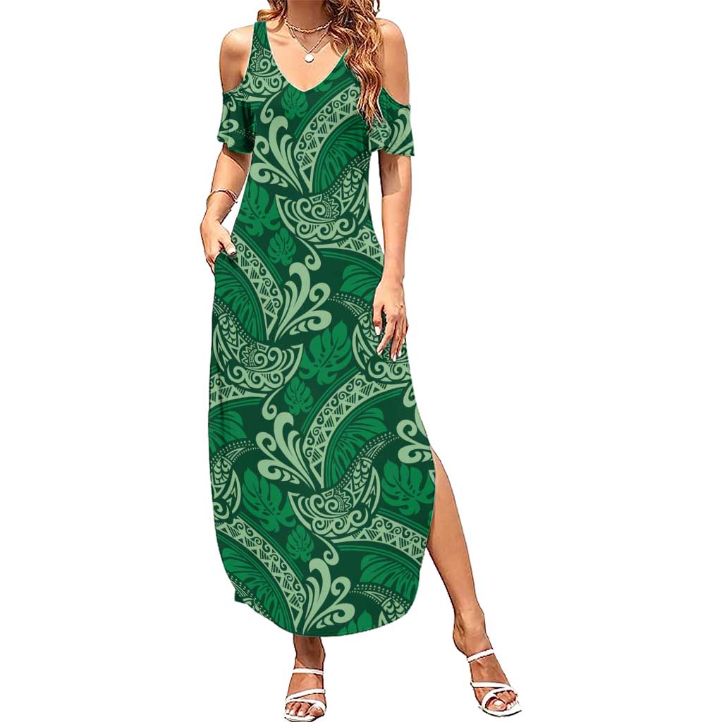 Forest Green Monstera Summer Maxi Dress Polynesian Tribal Pattern - Polynesian Pride