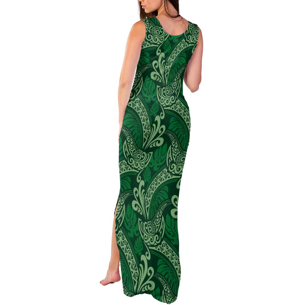Forest Green Monstera Tank Maxi Dress Polynesian Tribal Pattern - Polynesian Pride