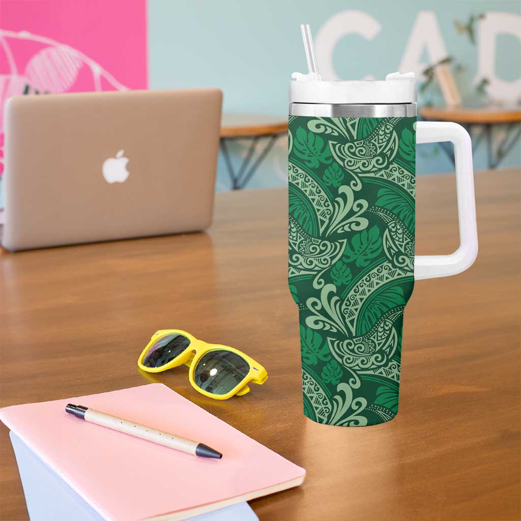 Forest Green Monstera Tumbler With Handle Polynesian Tribal Pattern - Polynesian Pride