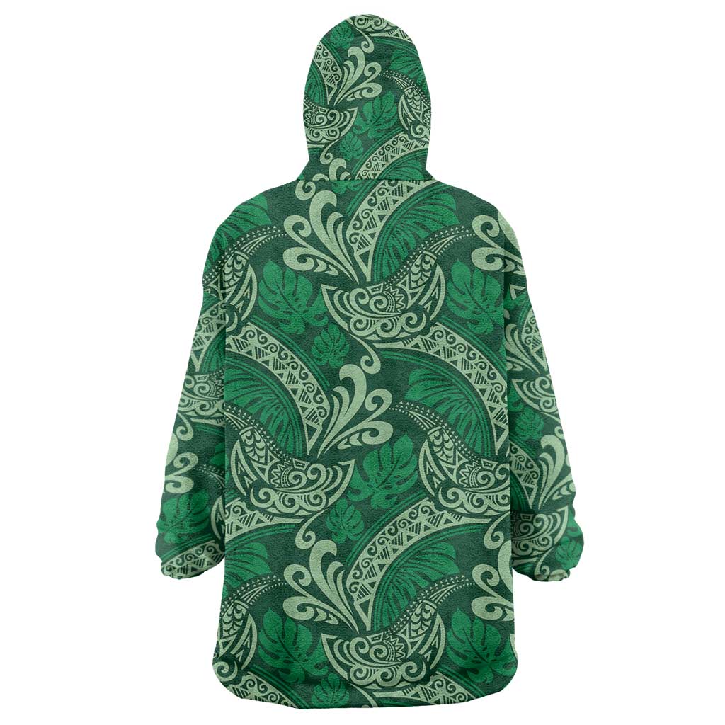 Forest Green Monstera Wearable Blanket Hoodie Polynesian Tribal Pattern - Polynesian Pride