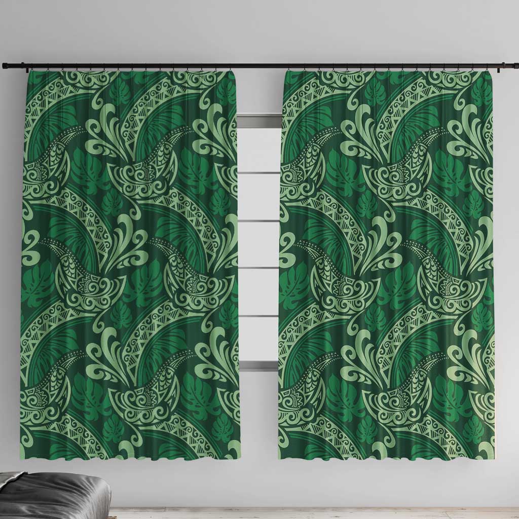 Forest Green Monstera Window Curtain Polynesian Tribal Pattern - Polynesian Pride
