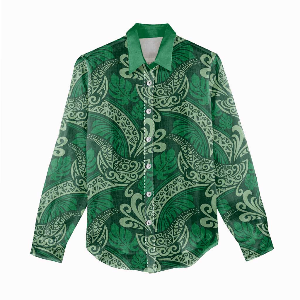 Forest Green Monstera Women Casual Shirt Polynesian Tribal Pattern - Polynesian Pride