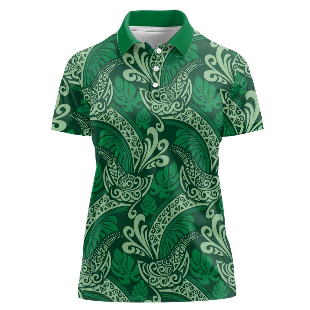 Forest Green Monstera Women Polo Shirt Polynesian Tribal Pattern - Polynesian Pride