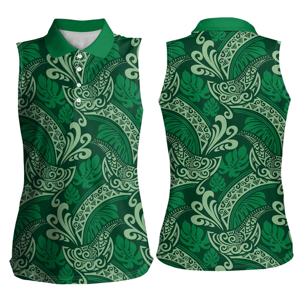 Forest Green Monstera Women Sleeveless Polo Shirt Polynesian Tribal Pattern - Polynesian Pride