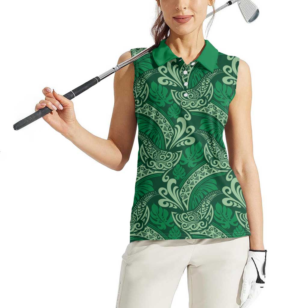 Forest Green Monstera Women Sleeveless Polo Shirt Polynesian Tribal Pattern - Polynesian Pride