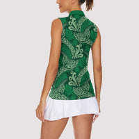 Forest Green Monstera Women Sleeveless Polo Shirt Polynesian Tribal Pattern - Polynesian Pride
