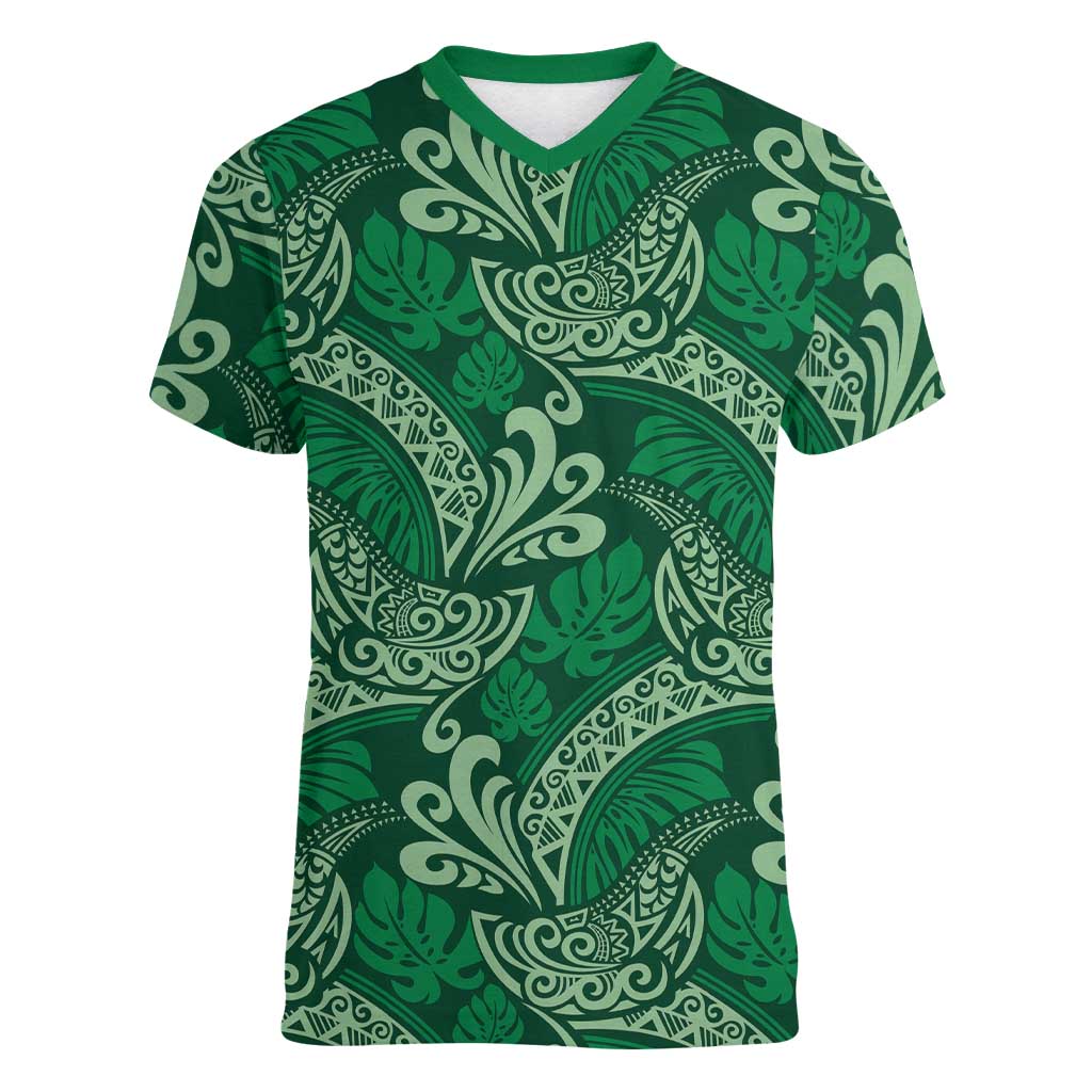 Forest Green Monstera Women V-Neck T-Shirt Polynesian Tribal Pattern - Polynesian Pride