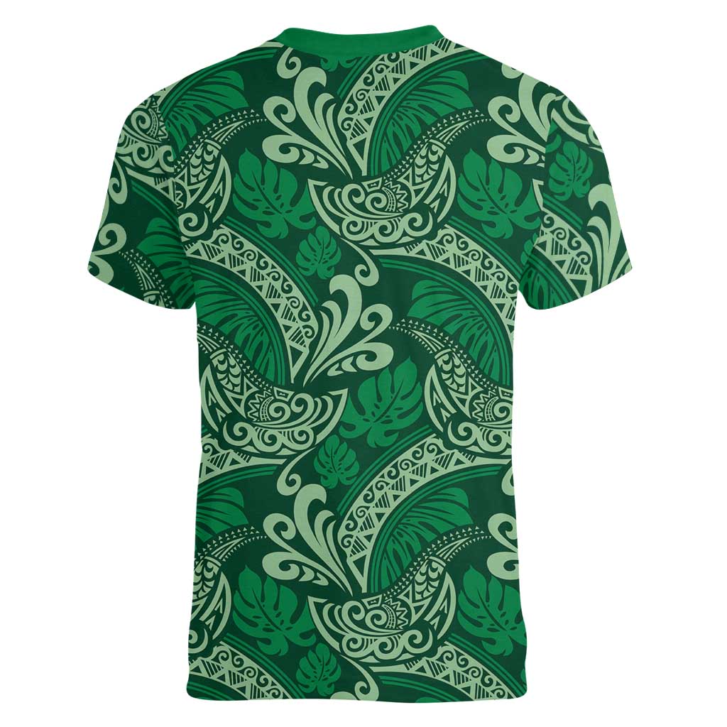 Forest Green Monstera Women V-Neck T-Shirt Polynesian Tribal Pattern - Polynesian Pride